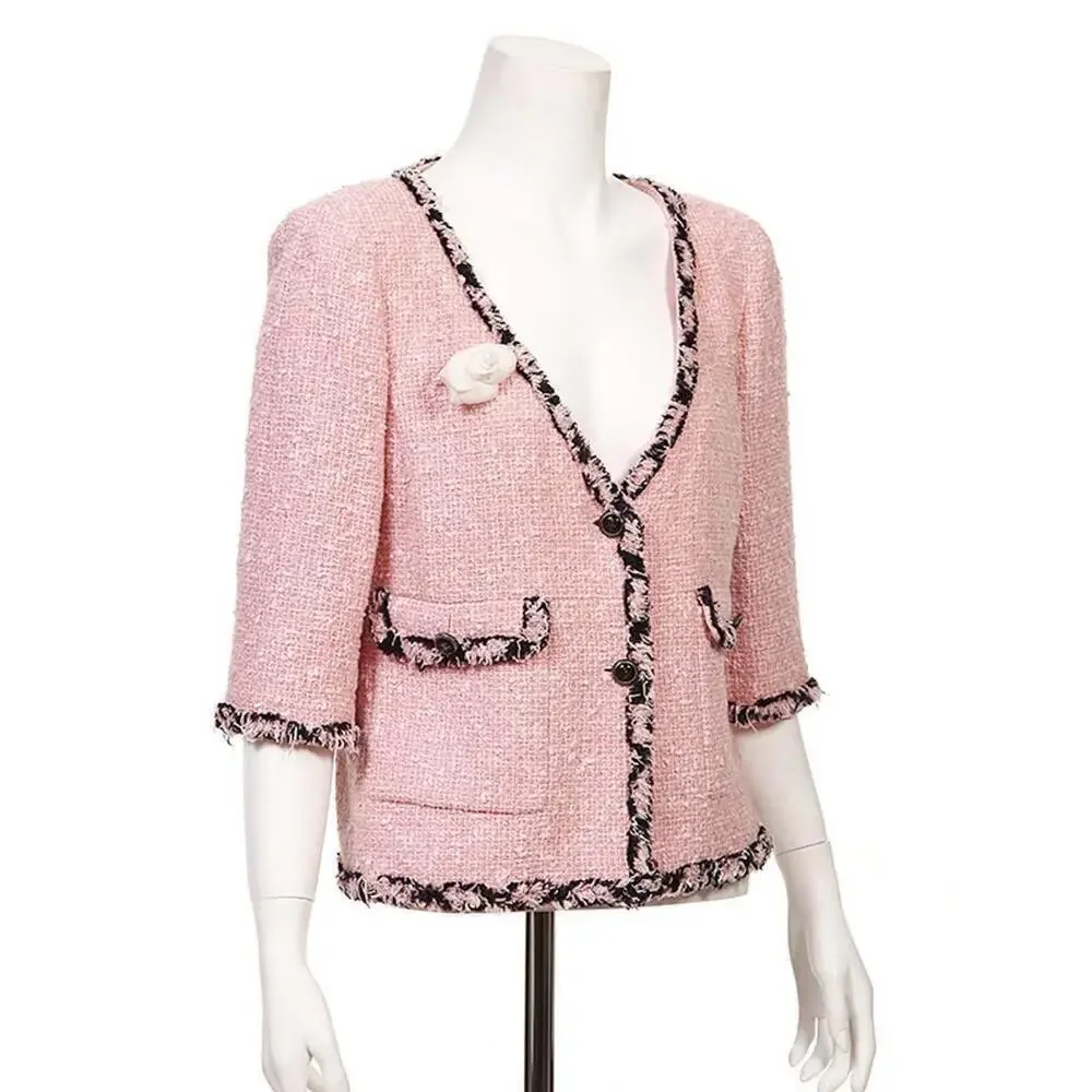 2007 CHANEL FR-34 Vintage 07P TWEED Pink Black Jacket Trim CC logo Buttons US-2 - Picture 3 of 15